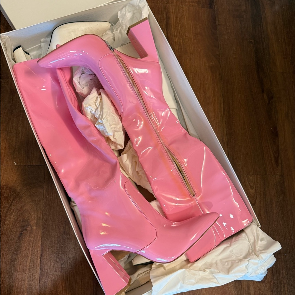 Simmi Shoes | Pink Patent Knee boots block heel pointy toe BRAND NEW